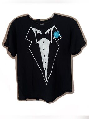 Black Graphic Tuxedo Print Tee with Blue Rose